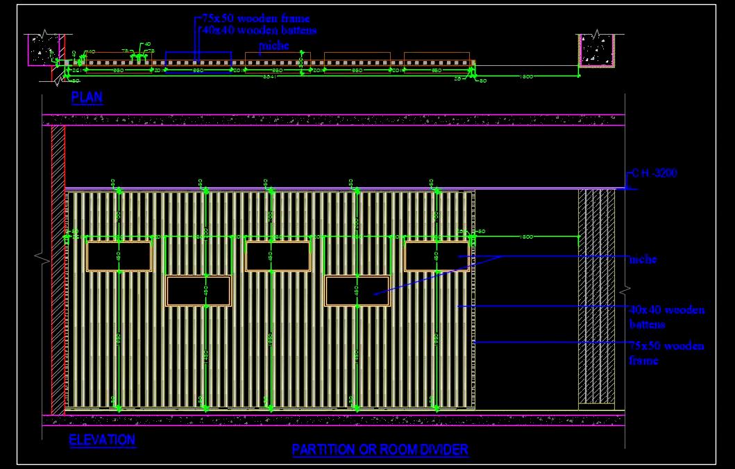 Modern Room Divider with Wooden Battens - AutoCAD DWG Detail